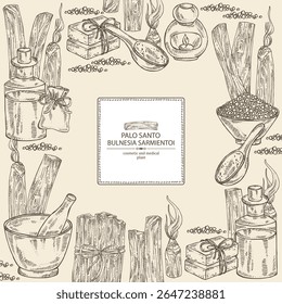 Background with palo santo: palo santo wood  and palo santo sticks. Bulnesia sarmientoi. Oil, soap and bath salt . Cosmetics and medical plant. Vector