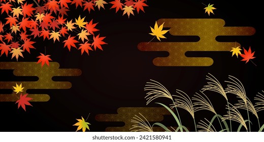 Background of pampas grass and autumn leaves, black (2:1)