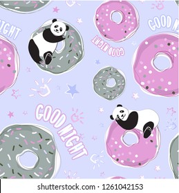 Background Panda and donuts for bed linen, baby textiles, pajamas, postcards. Phrase a quiet night. Seamless vector pattern