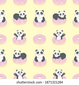 Panda de fondo y donuts para ropa de cama, textiles para bebés, pijamas, postales. Patrón vectorial transparente