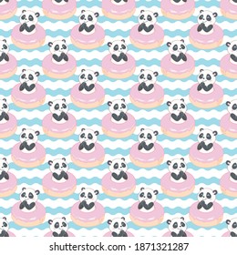 Background Panda and donuts for bed linen, baby textiles, pajamas, postcards. Seamless vector pattern