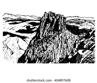 background panorama of a beautiful mountain landscape mountain natural park of Sierra de Eshtrella, sketch hand drawn ink shading graphics vector illustration