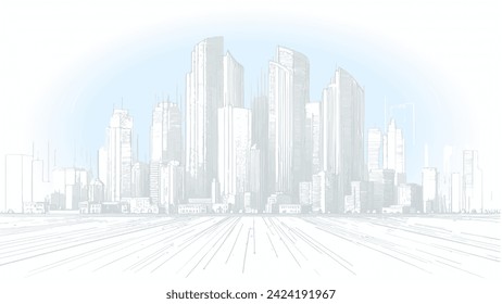Background. Panorama of a big city with skyscrapers against a clear sky. Abstraction.