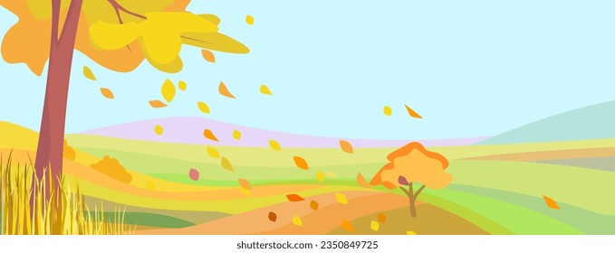 Background. Panoramic autumn landscape, horizontal banner of autumn landscape vector illustration of hills, fields, trees and falling leaves