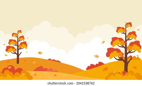 Background Panoramic of landscape in autumn, horizontal banner vector illustration of autumn landscape mountains and fallen maple tree with orange yellow gradient leaves.