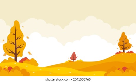 Antecedentes Panorámica del paisaje en otoño, pancarta horizontal ilustración vectorial de las montañas del paisaje otoñal y árbol de arce caído con hojas de gradiente amarillo anaranjado.