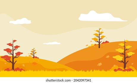 Background Panoramic of landscape in autumn, horizontal banner vector illustration of autumn landscape mountains and fallen maple tree with orange yellow leaves.