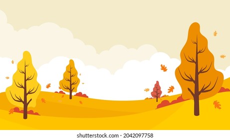 Antecedentes Panorámica del paisaje en otoño, pancarta horizontal ilustración vectorial de las montañas del paisaje otoñal y árbol de arce caído con hojas amarillas anaranjadas.