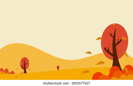Background Panoramic of landscape in autumn, horizontal banner vector illustration of autumn landscape mountains and fallen maple tree with orange yellow leaves.