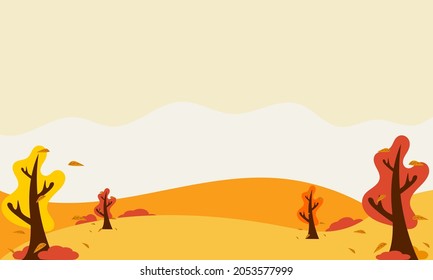 Background Panoramic of landscape in autumn, horizontal banner vector illustration of autumn landscape mountains and fallen maple tree with orange yellow leaves.