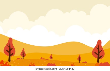 Background Panoramic of landscape in autumn, horizontal banner vector illustration of autumn landscape mountains and fallen maple tree with orange yellow leaves.
