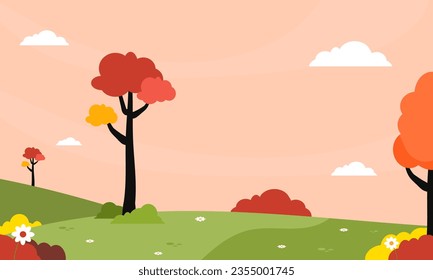 Antecedentes Panorámica del paisaje en otoño, pancarta horizontal ilustración vectorial de las montañas del paisaje otoñal y nube con hojas amarillas anaranjadas.