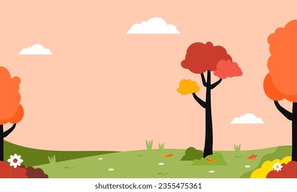 Background Panoramic of landscape in autumn, horizontal banner vector illustration of autumn landscape mountains and cloud with orange yellow leaves.
