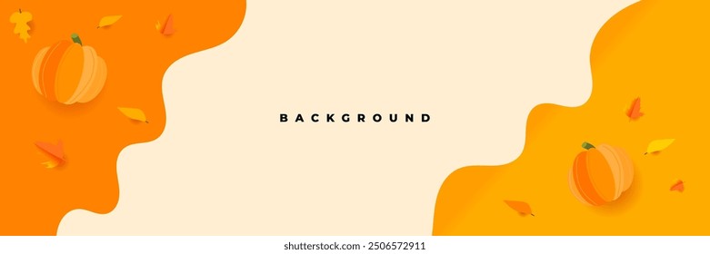 Background Panoramic of landscape in autumn, horizontal banner vector illustration of autumn landscape pumpkin and fallen maple tree with orange yellow gradient leaves.