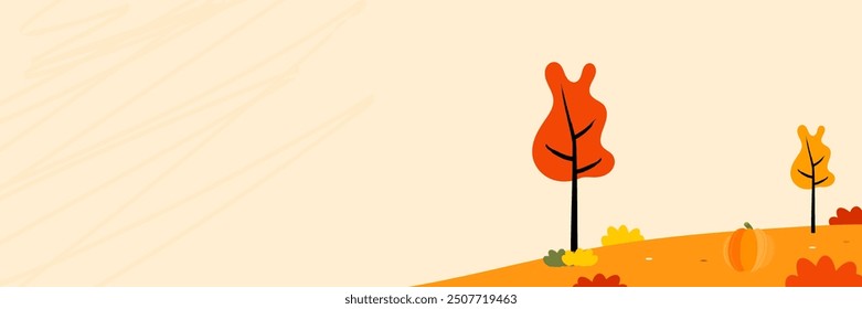 Background Panoramic of landscape in autumn, horizontal banner vector illustration of autumn landscape pumpkin and fallen maple tree with orange yellow gradient leaves.