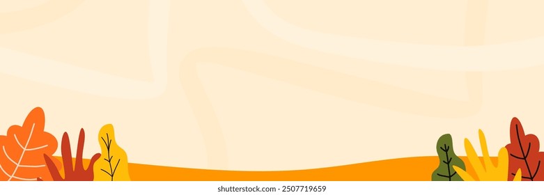 Background Panoramic of landscape in autumn, horizontal banner vector illustration of autumn landscape fallen maple tree with orange yellow gradient leaves.