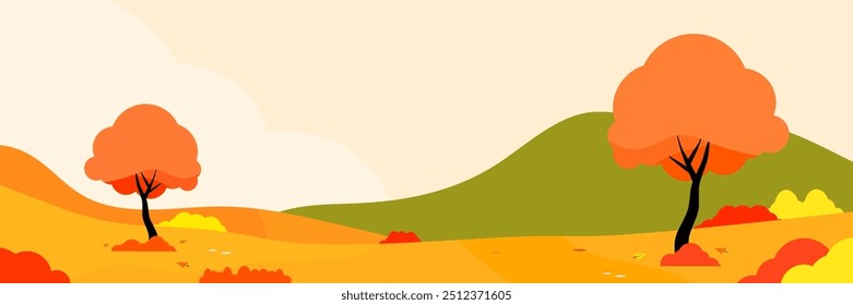 Background Panoramic of landscape in autumn, horizontal banner vector illustration of autumn landscape mountains and fallen maple tree with orange yellow leaves.