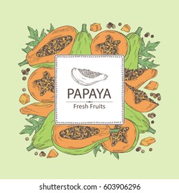 Background with papaya and papaya slice. Hand drawn.