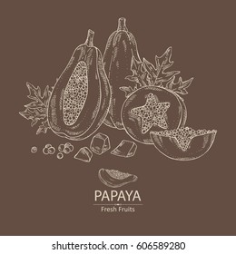 Background with papaya and papaya slice. Hand drawn.