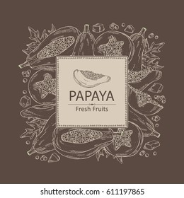 Background with papaya and papaya slice. Hand drawn.