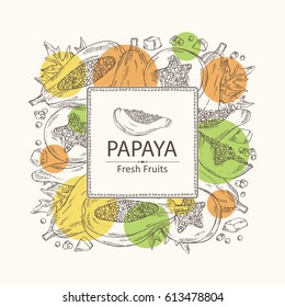 Background with papaya and papaya slice. Hand drawn.