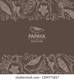 Background with papaya and papaya slice. Vector hand drawn illustration