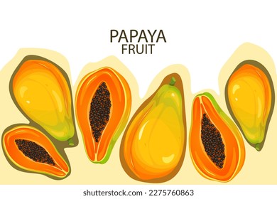 Background with papaya.A web banner of ripe, juicy papaya fruits.Vector illustration.