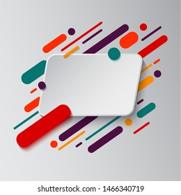 Background with paper card and abstract colorful shapes. Trendy neon lines and circles, modern design style. Flat dynamic background