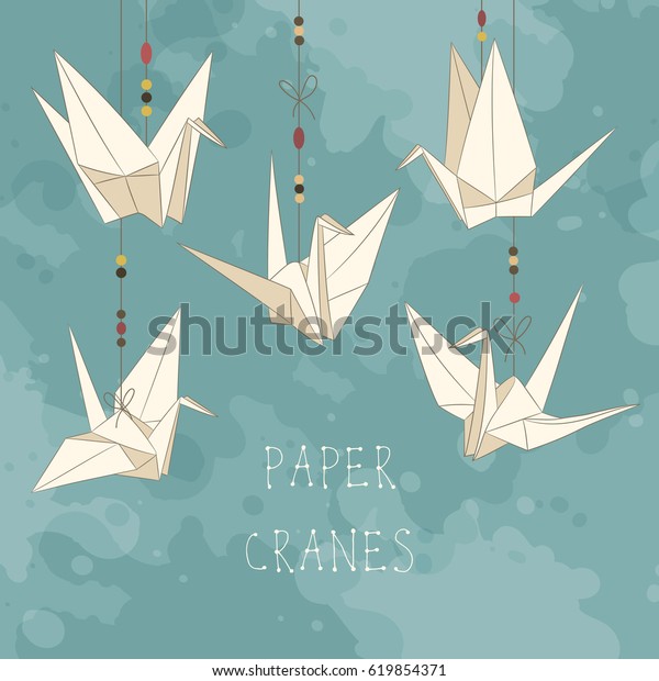 Background with
paper cranes. Origami bird
figures