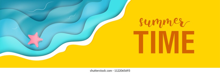 Background with paper cut ocean, sea and beach. Summer time