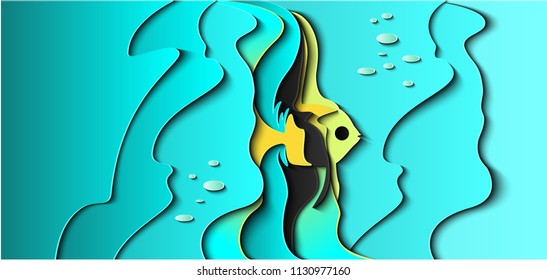 Background in paper cut style. Scalars fish in the sea