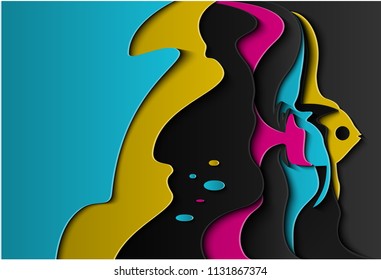 Background in paper cut style. Scalars fish in the sea
