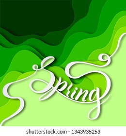 Background paper cut. Word Spring Lettering. Abstract paper ornament for design with straight multi-colored layers. Art of carving. Vector illustration