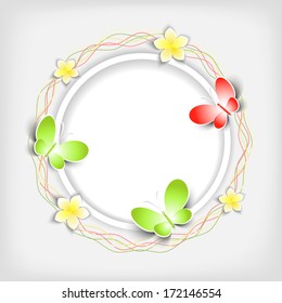 Background with paper flowers and butterfly. Vector.