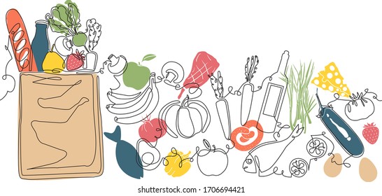 Background with Paper Grocery Bag and Fresh Food. Pattern with Differrent Products. Vector illustration.