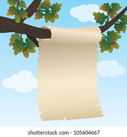 Background with paper hanging on a branch of oak.