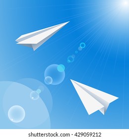 Background with paper origami planes flying in the sky.Vector illustration.