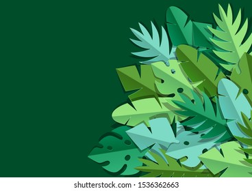 Background with paper palm leaves. Decorative image of tropical foliage and plants.