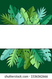 Background with paper palm leaves. Decorative image of tropical foliage and plants.