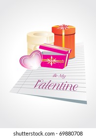 background with paper, pink heart and colorful gift box