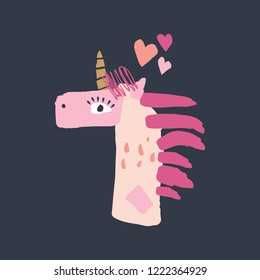 Background with paper style collage cutout unicorn face. Vector illustration in cartoon handmade nursery style. Good for social media post, mugs, t-shirts, notebooks, posters and postcards.