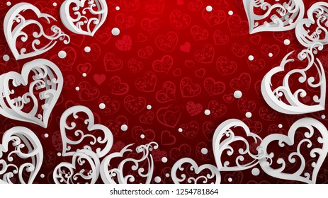 Background with paper volume hearts with curls and confetti, white on red