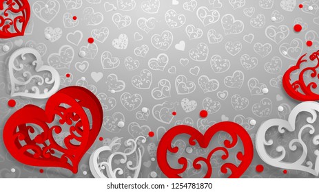 Background with paper volume hearts with curls and confetti, red and white on gray