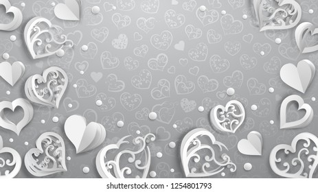 Background with paper volume hearts with curls and confetti, white on gray