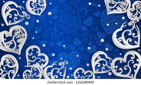 Background with paper volume hearts with curls and confetti, white on blue