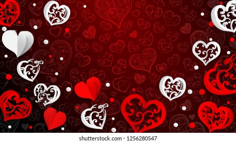 Background with paper volume hearts with curls and confetti, red and white on vinous