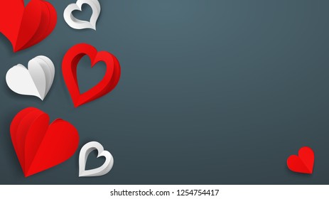 Background with paper volume hearts, red and white on gray