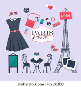 background Paris fashion concept image. Flat vector french icons