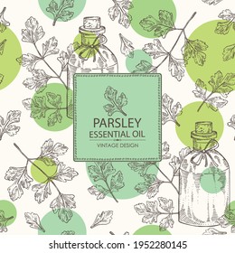 Background with parsley: parsley leaves, plant and bottle of parsley essential oil. Cosmetic, perfumery and medical plant. Vector hand drawn illustration.