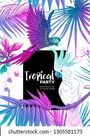 Background, party invitation,  cover with text box with tropical plants, flowers and birds  in neon, fluorescent colors. Vector illustration. Isolated on white background.